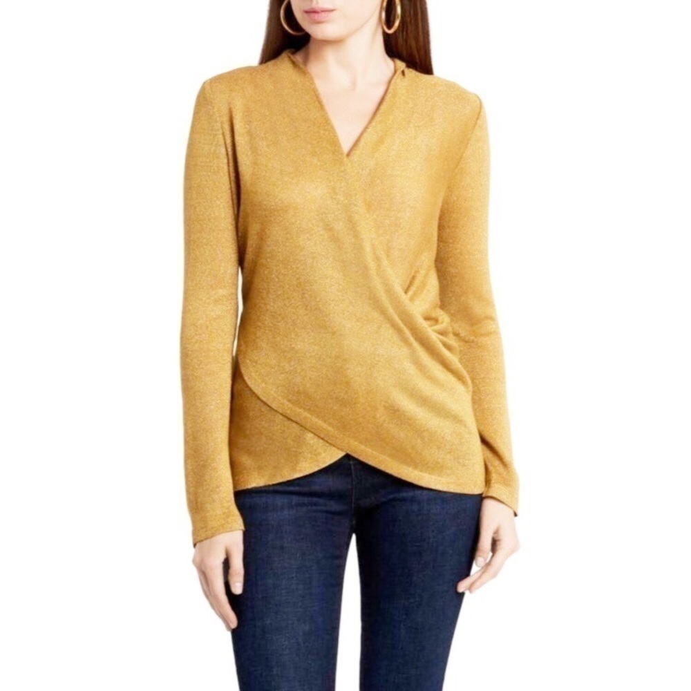 1.State Womens Emblem Gold Shimmer Draped Cross Front Top Blouse Small